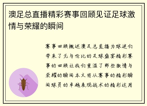 澳足总直播精彩赛事回顾见证足球激情与荣耀的瞬间