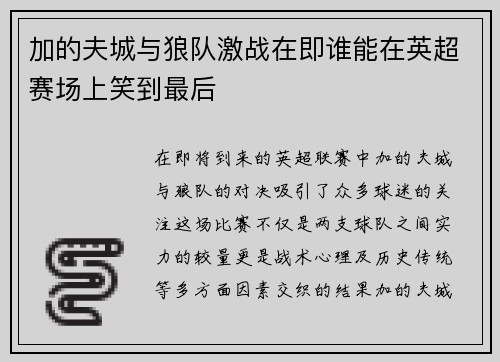 加的夫城与狼队激战在即谁能在英超赛场上笑到最后
